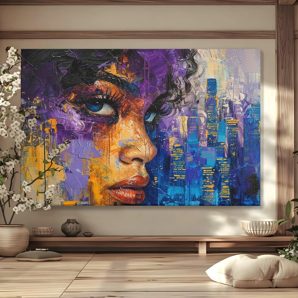 Tablou canvas cu pictura digitala cu profil de femeie, fara rama, pe sasiu de lemn